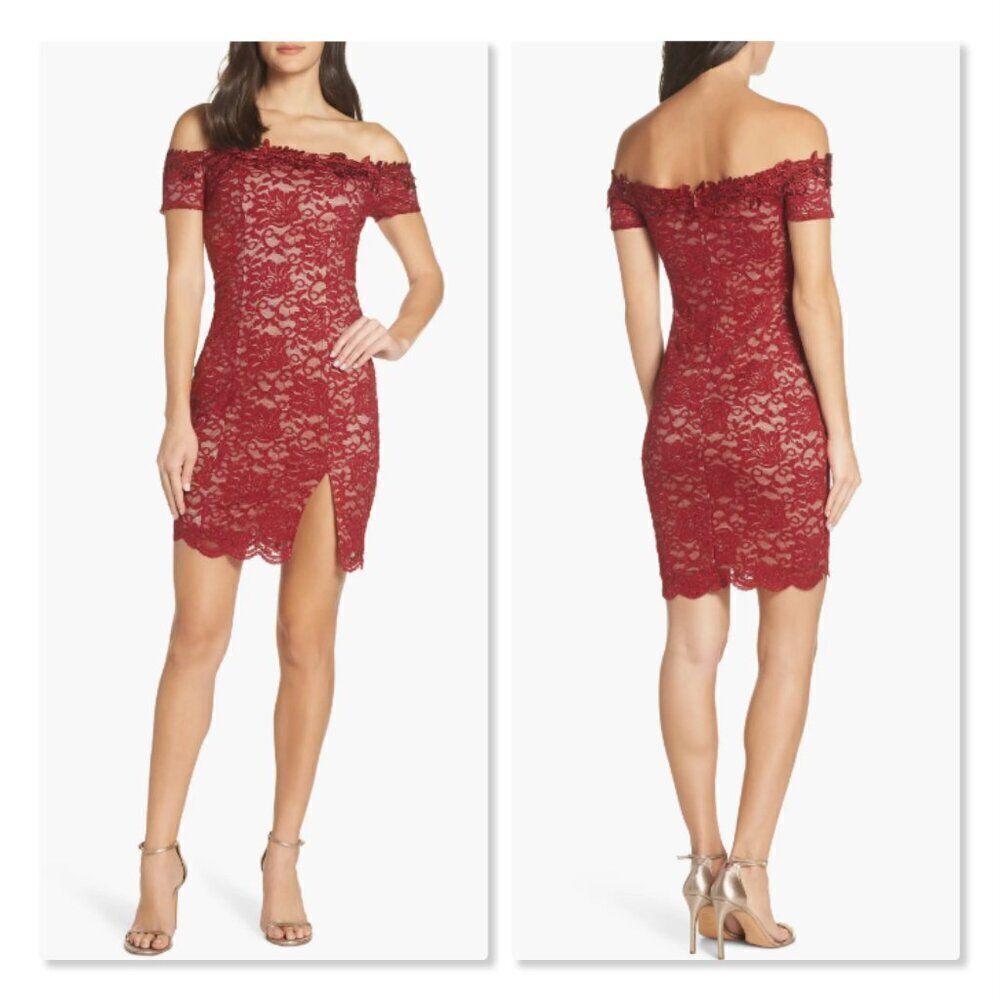 🌹 SEQUIN HEARTS 🌹 Off the Shoulder Glitter Lace Sheath Dress - [Size 7, Red]